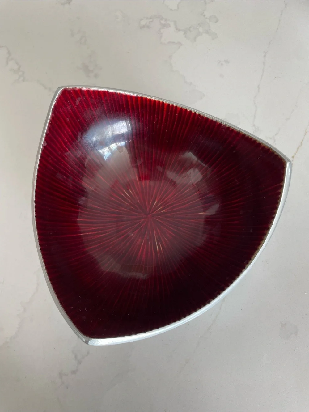 Handcrafted Ruby Red Enamel Bowl- Modern Silver Tone Catchall Dish, Made in Indi